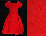 Size 2 Red 1950s Dress - Beautiful Cotton Brocade Fitted Bodice & Full Flared Skirt - XS Vintage Vixen - Nip Waist 50s 60s Beauty - Waist 24