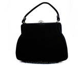 1950s Large Black Purse - 50's Lewis Fine Suede Bag - Mid Century Handbag with Mirror, Coin Purse & Glitter Comb - Scrollwork Metal Clasp