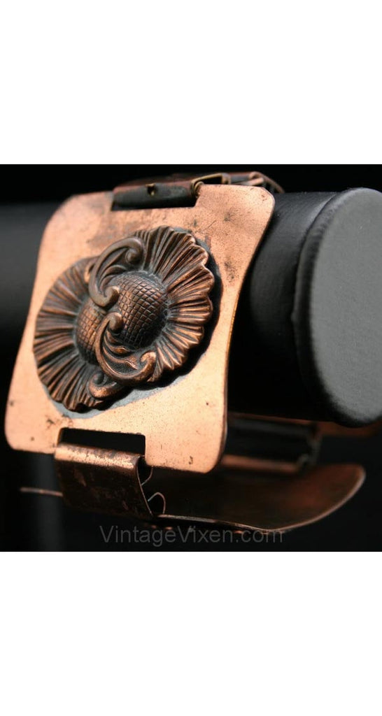 1940s Daisy Copper Panel Bracelet - Art Nouveau Style Daisies - Daisy Flowers - Bold Big Jewelry - Antique Look 40s Rockabilly Bohemian