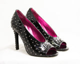 Size 6 Studded Shoes - Sexy Glossy Black Dominatrix Shoes with Silver Metal Studs - Fetish 1990s 4 Inch Spike High Heels - Open Toes - 50244