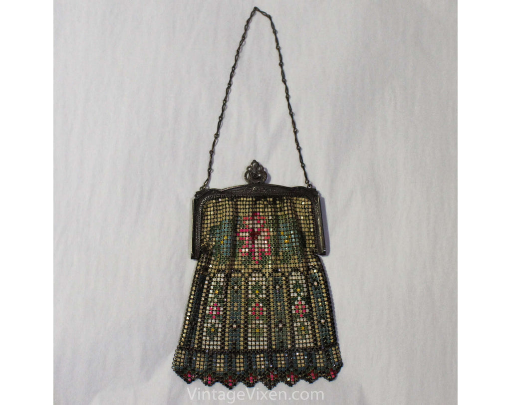 1920s Flapper Purse - Authentic Antique Whiting & Davis Metal Mesh Bag - Art Deco 20s Handbag - Pink Blue Green Floral with Chain Strap