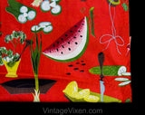 1950s Vegetables Novelty Print Fabric - Over 1 Yard x 36 Inches Wide - Veggies Fruit Mid Century 50s Kitchen - Avocado Cucumber Strawberries
