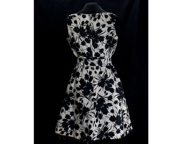 Size 8 Silk Dress - 1950s Black & White Tulip Print Floral - Chic 50s   Vintage Vixen Clothing