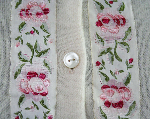 Size Small 1950s Cardigan - Exquisite Pink Roses Ribbon Brocade