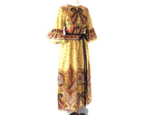 Size 10 Paisley Dress - Medium 1970s Gypsy Chic Maxi - Boho Khaki & Plum Purple Print - Hippie Flare Sleeves - Early 70s Bohemian Deadstock