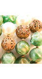 1950s Green & Brass Filigree Bracelet - Swirled Spinach Gold Green Plastic 1950s Mid Century Jewelry - Glam Beaded Spiral Coil Adjustable