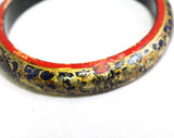 Asian Bangle Bracelet - Hand Painted Dragon Scales Flowers - Faux Cloisonne - Navy Gray Red Gold Brilliant Artisan Skills - Eastern - 50445