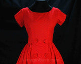 Size 2 Red 1950s Dress - Beautiful Cotton Brocade Fitted Bodice & Full Flared Skirt - XS Vintage Vixen - Nip Waist 50s 60s Beauty - Waist 24