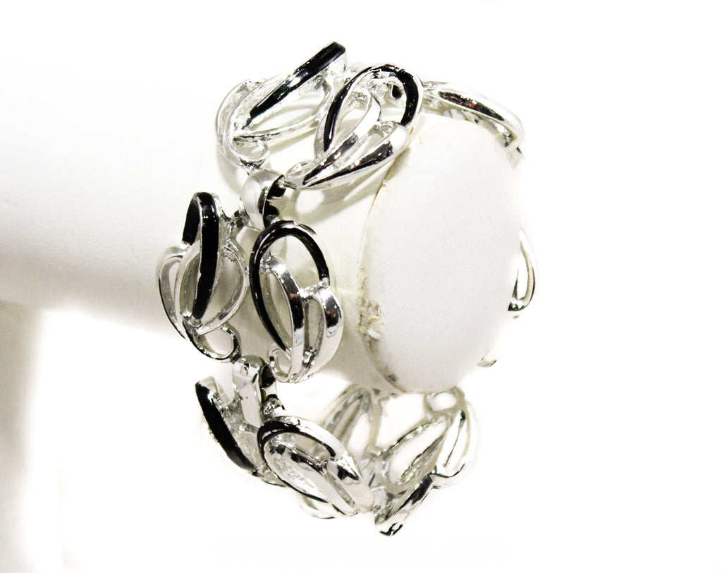 Silver Flourish Bracelet - 1960s 70s Curving Elegant Metal Lines - Classic Office Jewelry - Bright Silvertone & Black Lyrical Curves - 50402