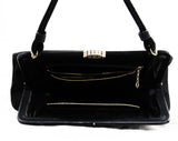 1950s Large Black Purse - 50's Lewis Fine Suede Bag - Mid Century Handbag with Mirror, Coin Purse & Glitter Comb - Scrollwork Metal Clasp