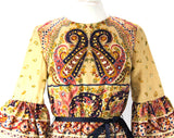 Size 10 Paisley Dress - Medium 1970s Gypsy Chic Maxi - Boho Khaki & Plum Purple Print - Hippie Flare Sleeves - Early 70s Bohemian Deadstock