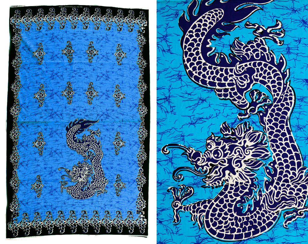 1960s Cotton Dragon Batik Print Fabric - 1.8 Yards Turquoise Blue & Black Panel Yardage - 60s 70s Summer Bohemian Border Print Sarong Wrap