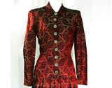 Size 2 1930s Dress - XS Authentic 30s Brown Rayon Frock - Long Sleeve Art Deco Swirls Satin Brocade - Rich Lush Hues - Fall Autumn - Bust 34