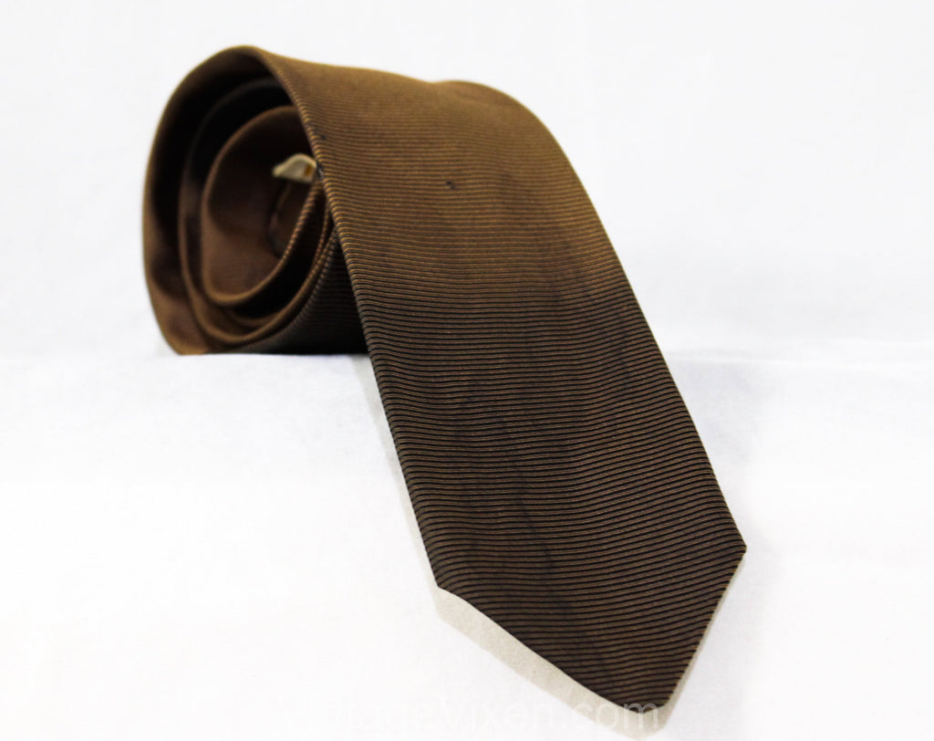 Men's 50s Skinny Tie - As Is Stage Costume Accessory - Brown Silk 1950s Necktie with Three Blue Stars - Ribbed Ombre Fades To Black