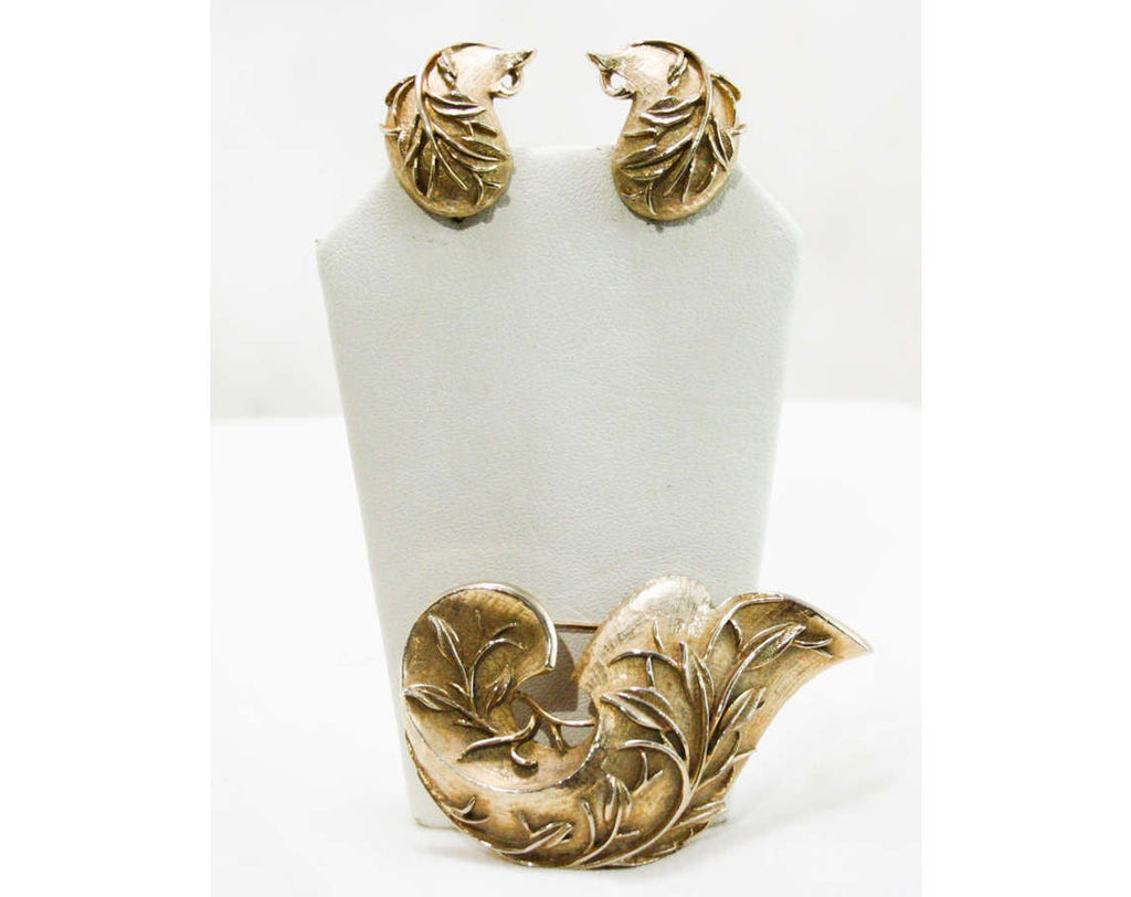 Flourish Brooch & Earrings - Sarah Coventry - Sophisticated 1960s Goldtone Gold Metal - Leafy Romantic Office Jewelry - Lapel Pin - 42664