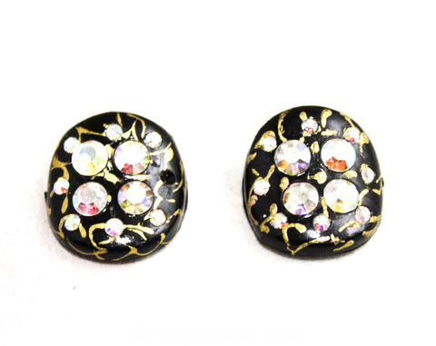 1950s Black & Gold Earrings - Kitsch Mid Century Glamour - Rhinestones with Hand Painted Detail - 50s Clip Ons - Aurora Borealis - 50374