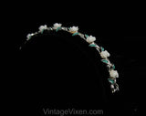 White Roses Jewelry Set - 50s Necklace Bracelet Earrings - Sweet Feminine Spring Summer 1950s 1960s - Jade Green Painted Leaves - 50579