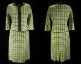 Size 10 Linen Suit - Chic 1960s Yellow & Mocha Spring Plaid Jacket with Skirt - Beautiful Tailoring - 60s Designer David Crystal - Waist 28