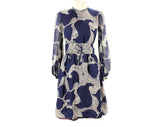 Size 6 Couture Quality Dress - Navy Blue & White Mod Floral 60s Silk Chiffon - 1960s Cocktail with Corset Lace-Up - Long Sleeve - Bust 33.5