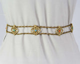 1960s Goddess Belt - Small Medium Large - 60s Body Jewelry - Gorgeous Gold Hue Metal Cord - Faux Coral Orange - Turquoise Blue - Jade Green
