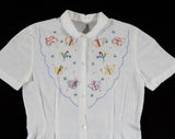 Size 6 Girl's Blouse with Butterfly Embroidery - 1950s Girls Shirt - Summer Short Sleeve 50s White Cotton Child's Top - Colorful Butterflies