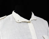 Size 6 White Linen Shirt with Silver Trim - 1980s Disco Chic Long Sleeved Top - 70s 80s Sexy Street Wear Blouse - Safari Epaulets - Bust 36