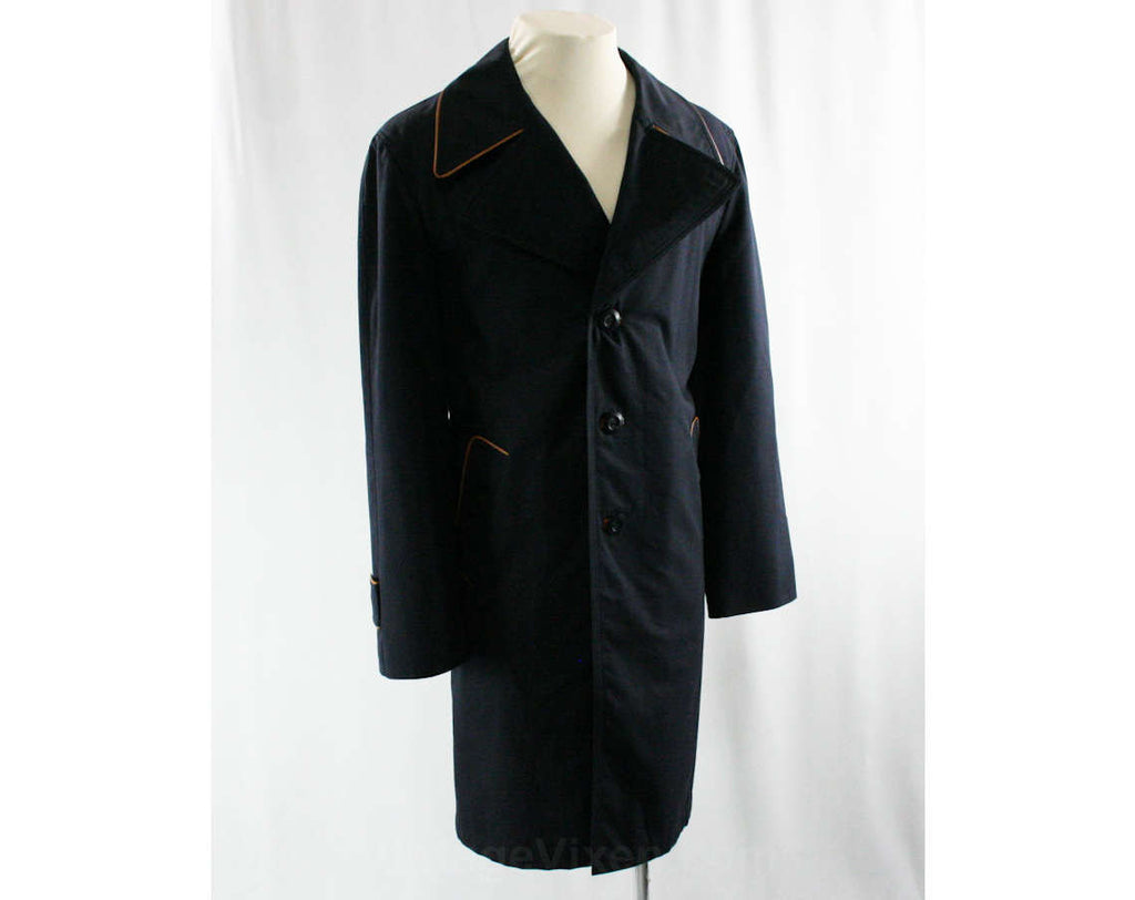 1960s Trench Style Men's Coat - Size Medium to Large - Navy Dark Blue Cotton Canvas & Fine Spanish Leather - Induyco - Chest 44 - 43066