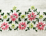 Pink & White Daisy Tablecloth - Heavy Linen High Quality with Hand Embroidered Flowers Charming 50s 60s Table Cloth - Green Lattice Leaves