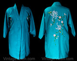 Size Medium Asian Robe - 1960s 70s Turquoise Kimono Style Lounge - Vivid Blue with Metallic Gold Embroidery - Far East Flowers - Bust to 44