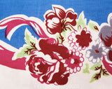 1940s Roses Tablecloth - Blue Pink White Feminine Cotton 40s 50s Table Cloth - Sweet Ribbon Garlands Flowers - Large Rectangle Border Print