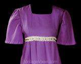 Girl's Size 10 Purple Dress - Old Fashioned Antique Style Costume - Late 1960s Hippie Girls Empire Maxi Gown with Victorian Style Roses Trim