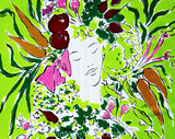 1940s Vegetable Patch Rayon Scarf by Marcel Vertes for Wesley Simpson - 40s Surreal Spring Novelty Print - Chartreuse Green Pink Orange Face