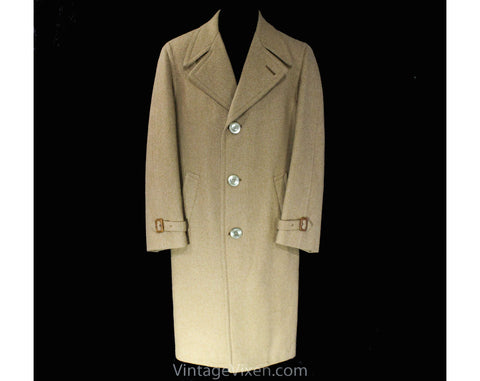 Mens Medium Large Overcoat - Classic Men's Camel Tan Wool Coat - Handsome Trench Style Outerwear with Leather Buckles - 50s Look - Chest 44