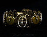 Ornate Panel Bracelet - 1950s Russian Style Crests - Mustard Plastic & Metal Crescents - Antique Style 50s 60s - Blue Gold Brown - 46055