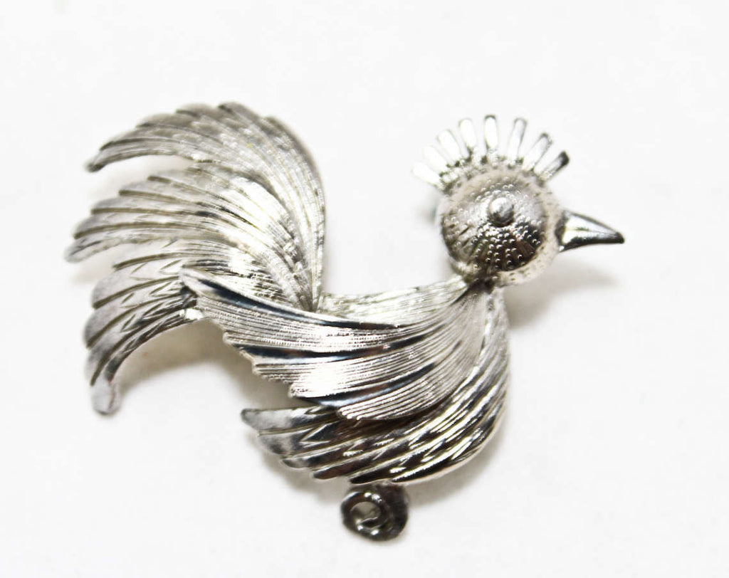 Modernist Bird Pin - 1950s Mid Century Modern Rooster Chicken Style Brooch - 50s 60s Silver Tone Metal - Good Design MCM Avian Jewelry