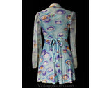 Size 6 Mini Dress - 1960s Seashells Novelty Print Sky Blue & Lavender Dollybird Dress - Cute 60s 70s Go-Go Girl - Very Short Skirt - Bust 34