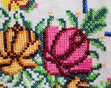 Magnificent Linen Tablecloth & Eight Matching Napkins - 1930s 40s Formal Dinner Embroidered Linens - Roses in Baskets Flourish Cross Stitch