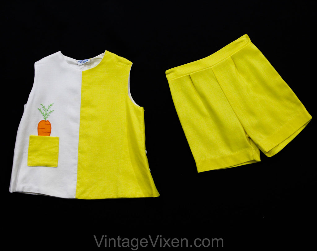 2T Toddler's Play Outfit - 1960s Yellow Girl's Shorts Set with Novelty Carrot in Pocket - Size 24 Months Girl Child's Summer Sleeveless