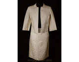 Size 6 Silk Suit - 1960s Neutral Jacquard Cocktail Jacket & Skirt - Small 60s Tailored Formal Ensemble - Ecru Bone Ivory Beige - Waist 26