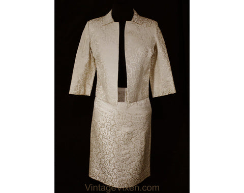 Size 6 Silk Suit - 1960s Neutral Jacquard Cocktail Jacket & Skirt - Small 60s Tailored Formal Ensemble - Ecru Bone Ivory Beige - Waist 26