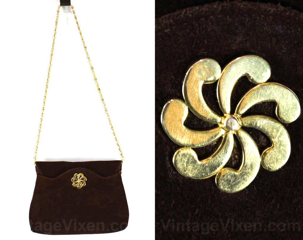 60s Brown Shoulder Bag - Brassy Gold Chain Strap - Chocolate Leather - Mod 1960s Go Go Girl Purse - Pinwheel Medallion - New York Label