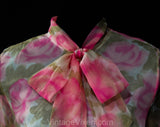 Size 10 Pink Roses Floral Blouse - 1960s Tailored Shirt with Pussycat Bow - Long Sleeved 60s Office Top - Sheer Pink & White Voile - Bust 38