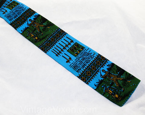 1960s Square End Tie - Antique Golf Theme Mens 60s Novelty Print Necktie by Rooster Ties - Blue & Green - Golfing Scenes Clubs Balls Tees