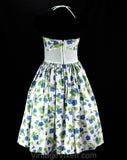 Size 4 Sun Dress - 1950s Halter Cotton Dress - Sweet 50s Blue & Green Sweet Pea Floral Pique - Full Skirt - Spring Summer - Waist 27.5