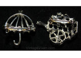 April Showers & May Flowers Scatter Pin Set - 60s Umbrella and Flower Cart Rhinestone Brooches - Preppie 60s Spring Pair - Light Blue Silver