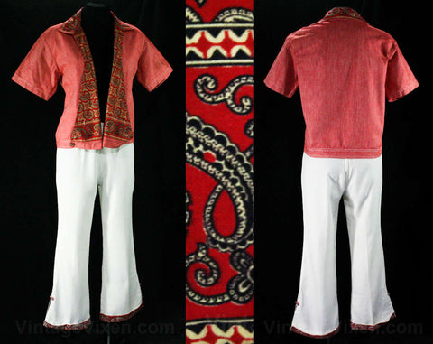 Size 6 Red 50s Cotton Jacket & Pants - Small Rare 1950s Beach Pajama Play Set - Acapulco Resort Chic - Paisley Print Trim - Waist 26.5