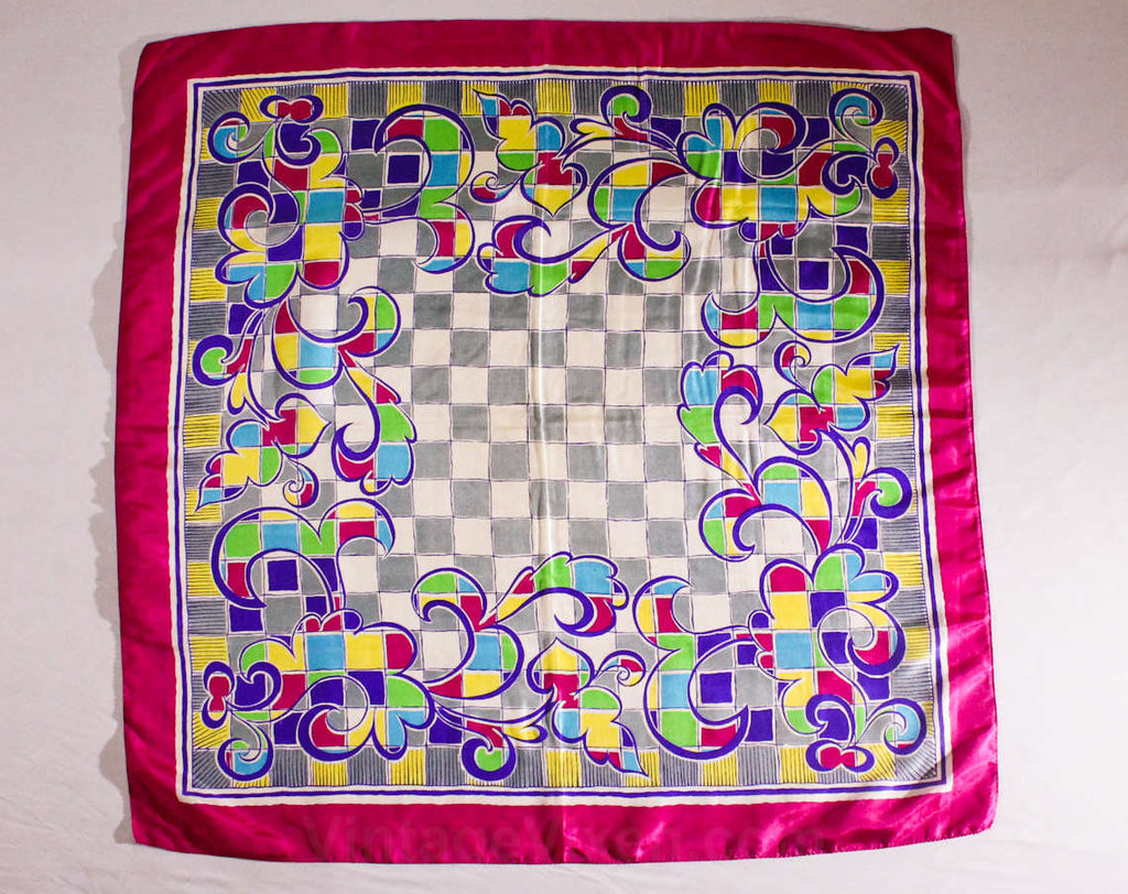 Magenta Floral Silk Scarf - 40s 50s Vivid Checkerboard Print - Flower Flourishes - Turquoise Blue Lime Green Purple Yellow - 33 Inch - 49879