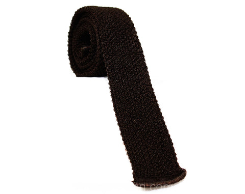 Men's Square End Tie - 1960s Chocolate Brown Nylon Knit Square-End Tie - Kitschy 60s Mens Fad Fashion Necktie - Springy Texture
