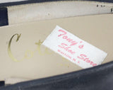 Size 8 Navy Shoes - 1950s 1960s Dark Blue Heels by Cotillion - 60s Unworn Deadstock - Leather & Brass Metal Buckle Bit Trim - 8B / AA Width