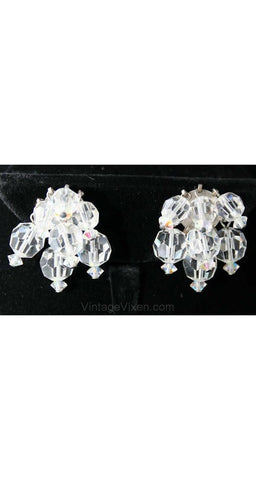 1950s Cut Glass Trembler Style Earrings - Clear 1950s Beaded Clip On Earring - Late 50s Early 60s - Mid Century Chic - Clip Earrings - 38445